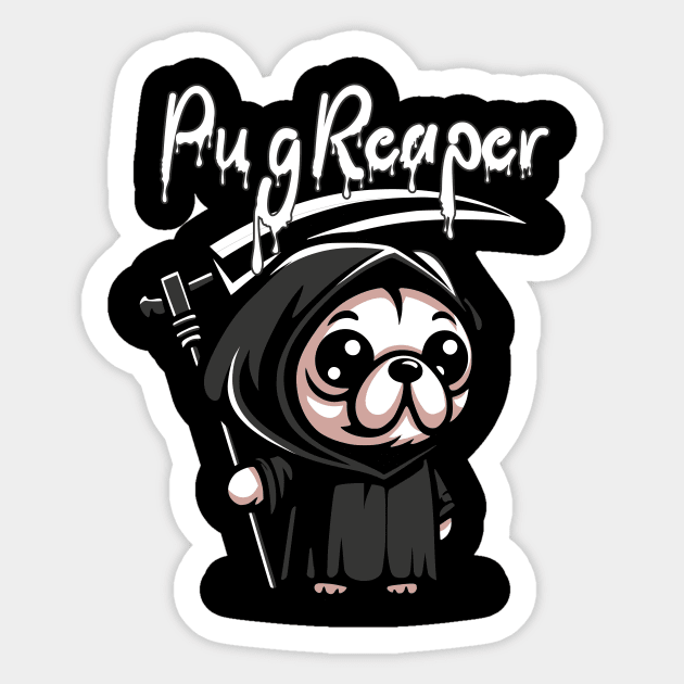 Pug Reaper T-Shirt: Adorable Grim Reaper Pug - Spooky Cute Dog Apparel Sticker by Designed By Marty